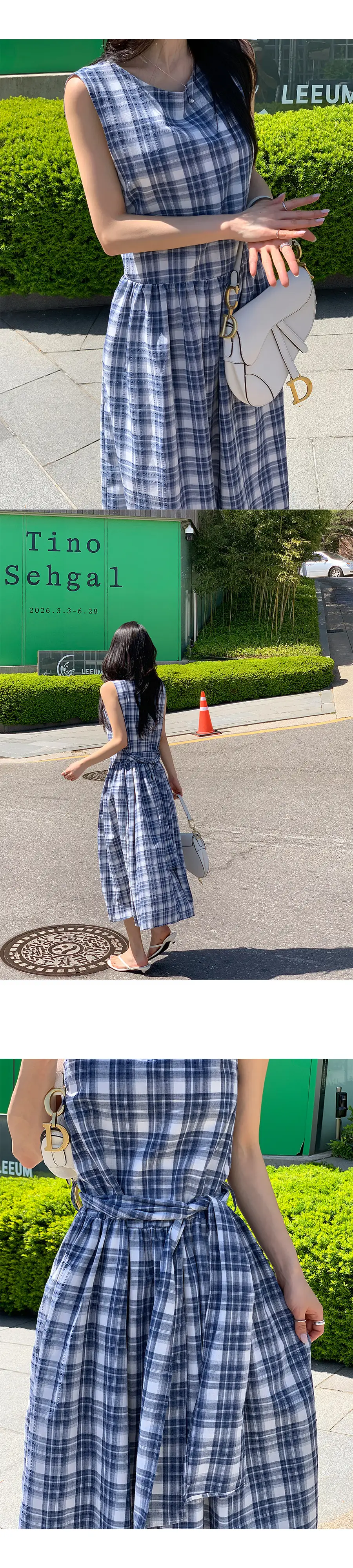 프랑스 레트로 라운드넥 끈 디테일 플레어 원피스 상세 이미지 9