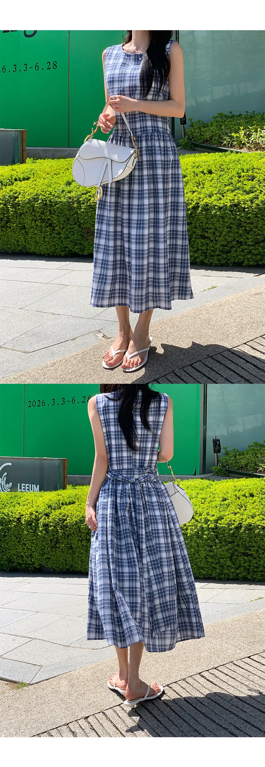 프랑스 레트로 라운드넥 끈 디테일 플레어 원피스 상세 이미지 10