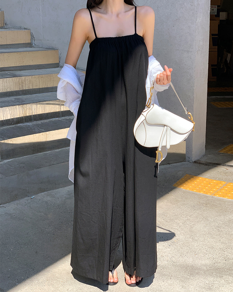 한국 chic 프랑스식 느긋한 바람 슬립 루즈핏 넓은 다리 올인원 바지