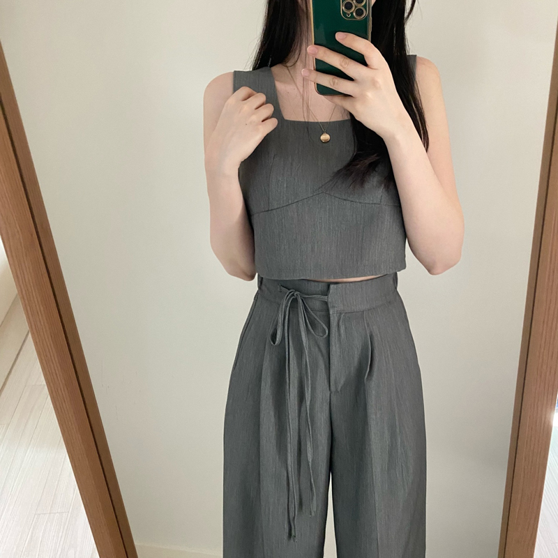 크기 있음 업데이트 한국 chic 여름 프랑스식 광장 칼라 조끼 맨위 하이웨이스트 레이스업 넓은 다리 길이 바지 세트