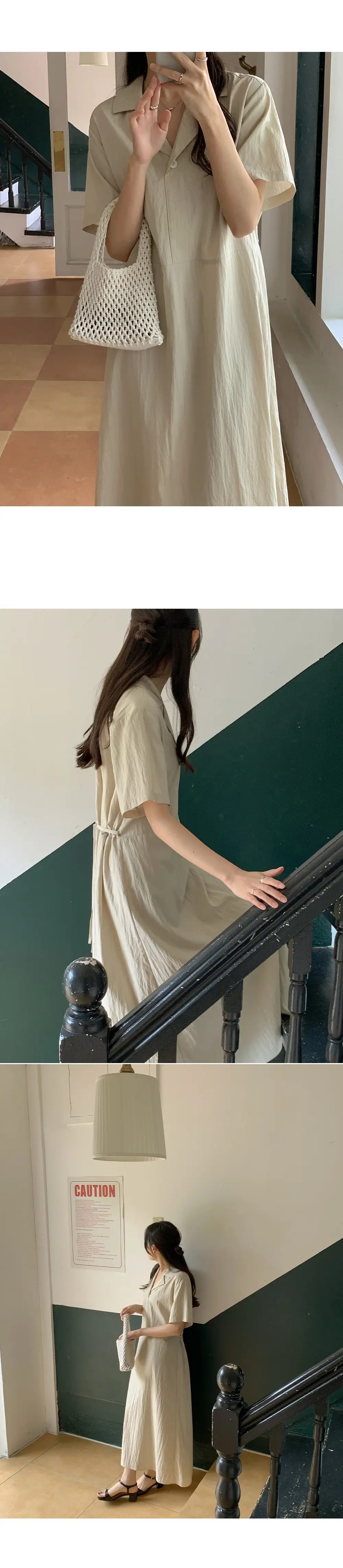 한국식 시크한 극간단 폴드 칼라 리본 조절 루즈 원피스 상세 이미지 2
