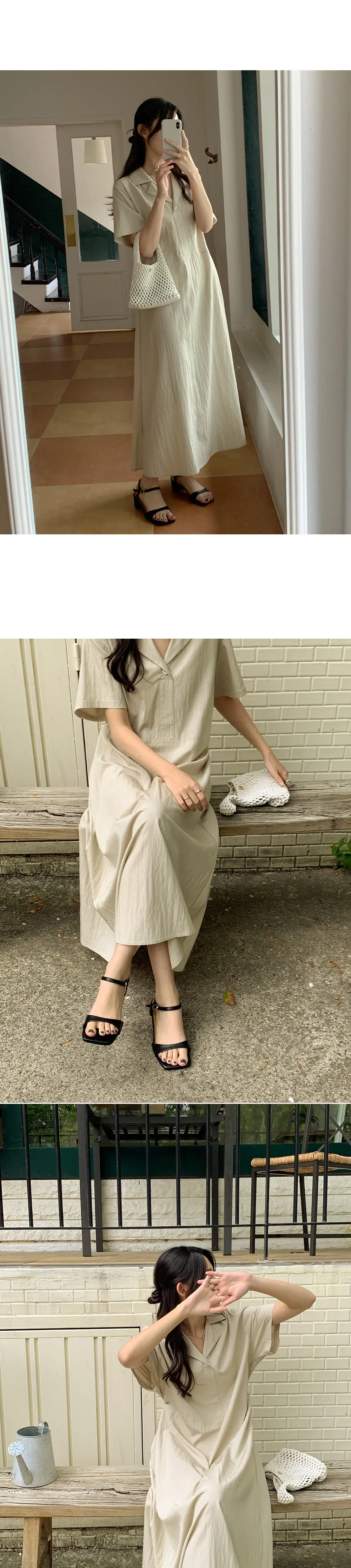 한국식 시크한 극간단 폴드 칼라 리본 조절 루즈 원피스 상세 이미지 4