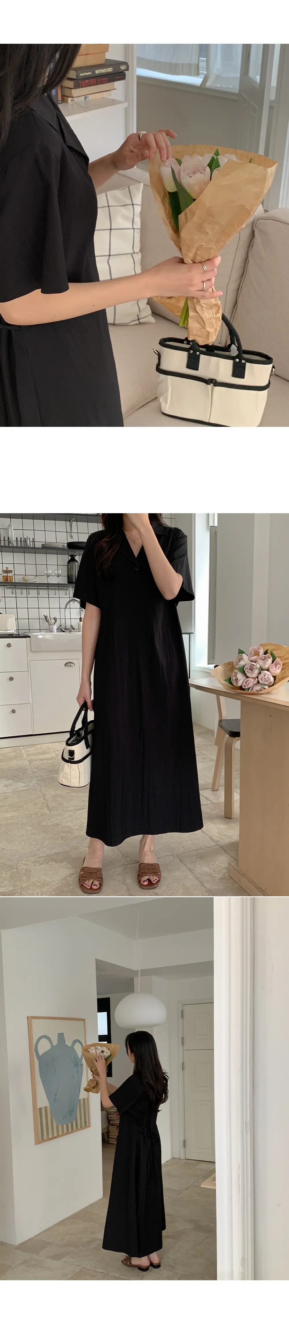한국식 시크한 극간단 폴드 칼라 리본 조절 루즈 원피스 상세 이미지 7