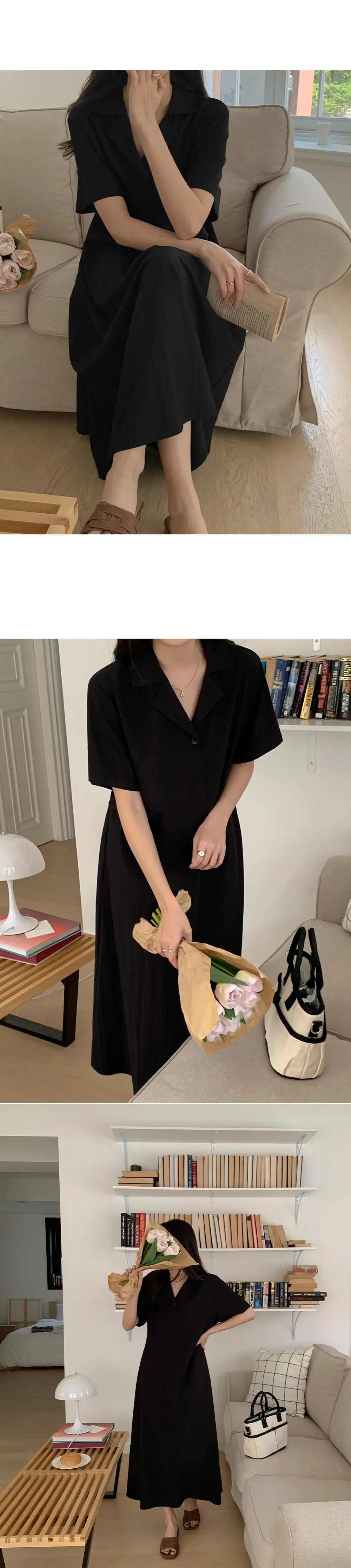 한국식 시크한 극간단 폴드 칼라 리본 조절 루즈 원피스 상세 이미지 9