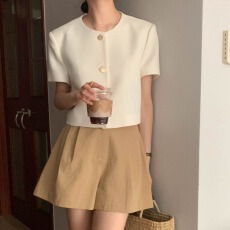 批发尺寸已更新 <b class='q'>韩国</b>chic 法式圆领百搭单排扣小香风上衣外套