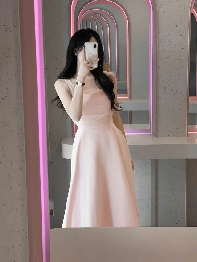 망사 주름 배색 끈 허리 조임 민소매 원피스 상세 이미지 1