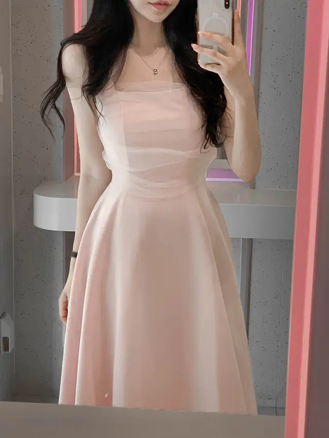 망사 주름 배색 끈 허리 조임 민소매 원피스 상세 이미지 2