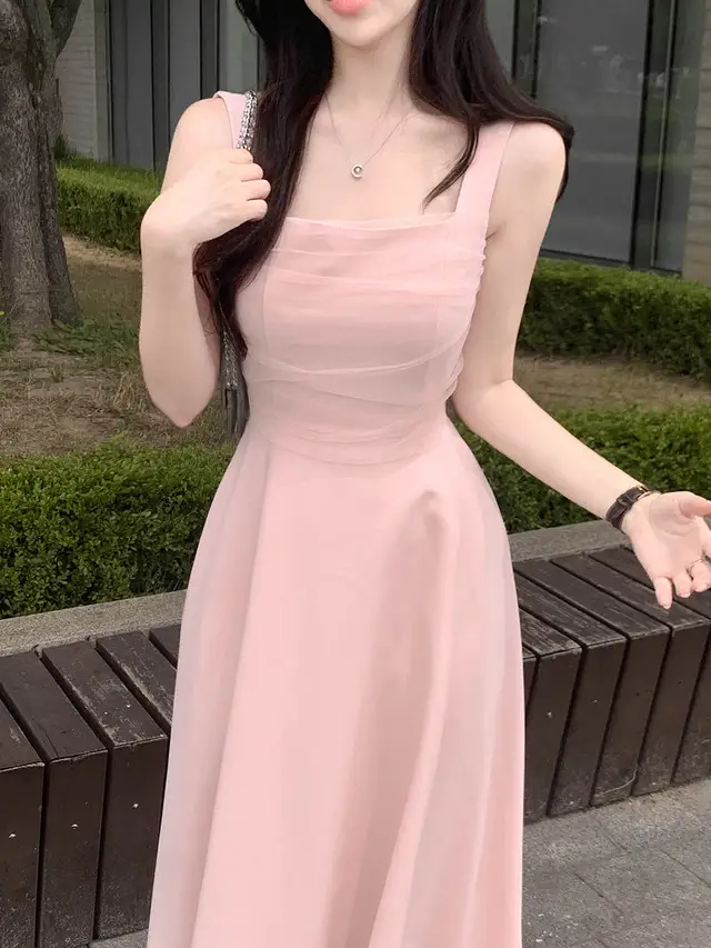 망사 주름 배색 끈 허리 조임 민소매 원피스 상세 이미지 3