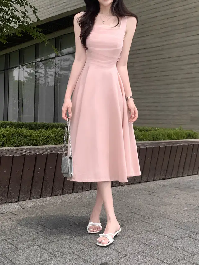 망사 주름 배색 끈 허리 조임 민소매 원피스 상세 이미지 4