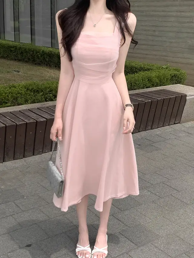 망사 주름 배색 끈 허리 조임 민소매 원피스 상세 이미지 5