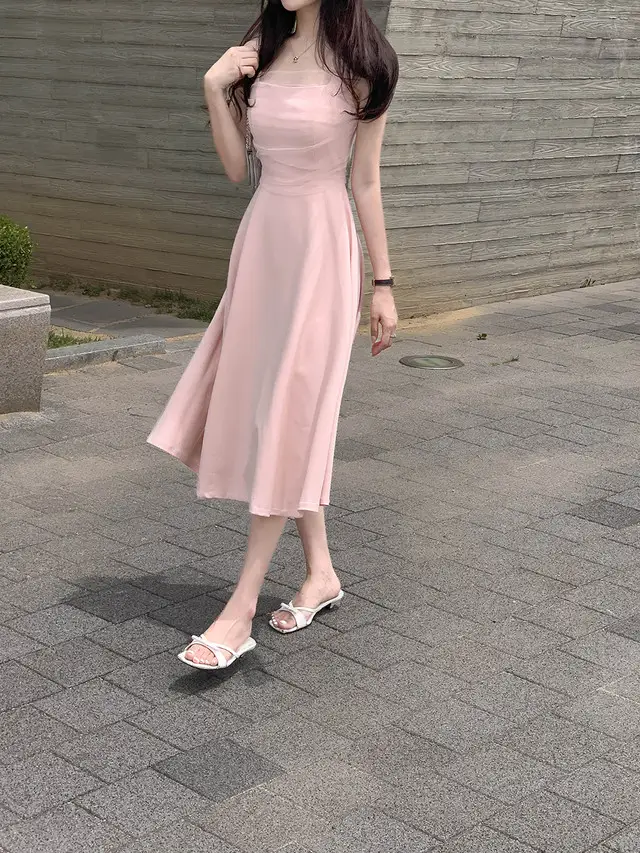 망사 주름 배색 끈 허리 조임 민소매 원피스 상세 이미지 6