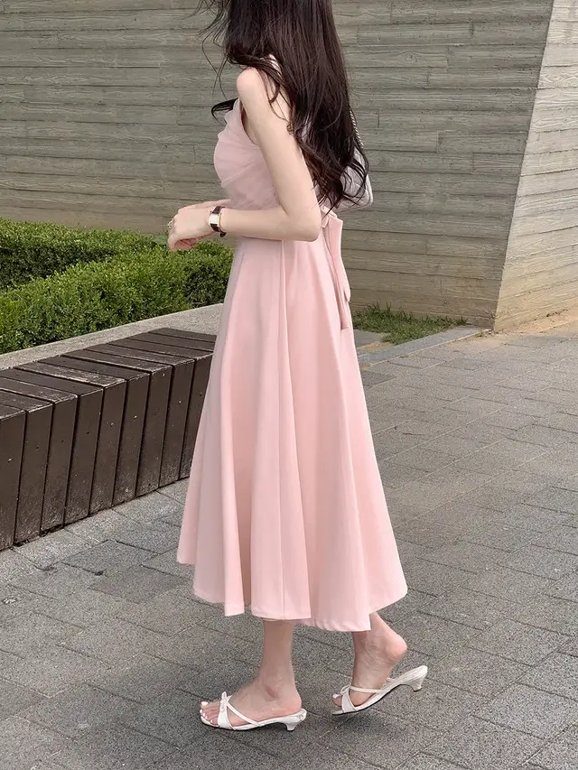 망사 주름 배색 끈 허리 조임 민소매 원피스 상세 이미지 8
