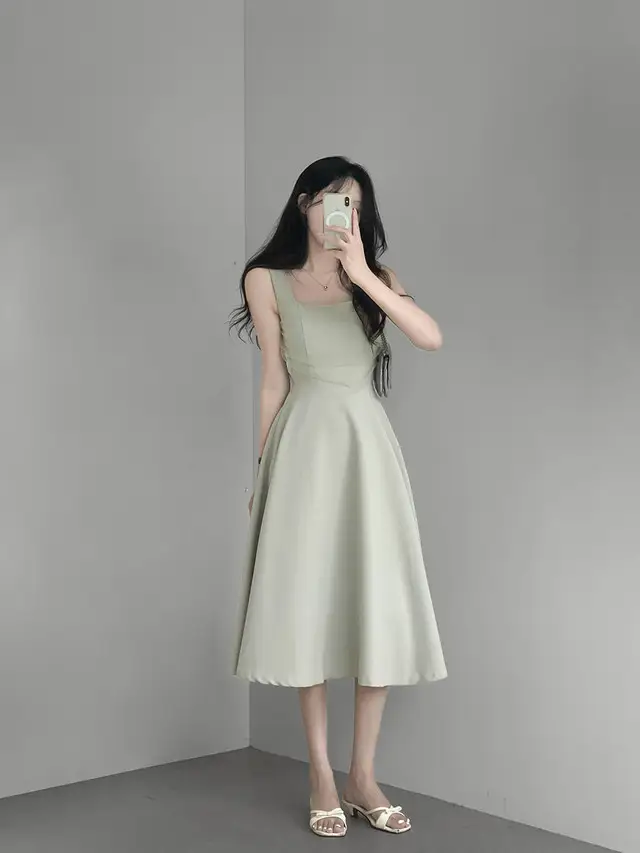 망사 주름 배색 끈 허리 조임 민소매 원피스 상세 이미지 10