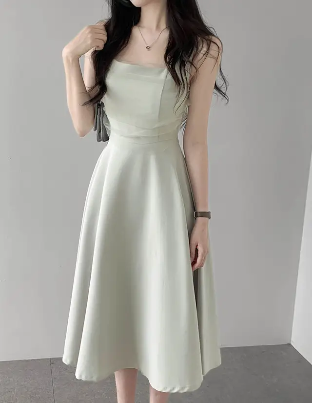 망사 주름 배색 끈 허리 조임 민소매 원피스 상세 이미지 13