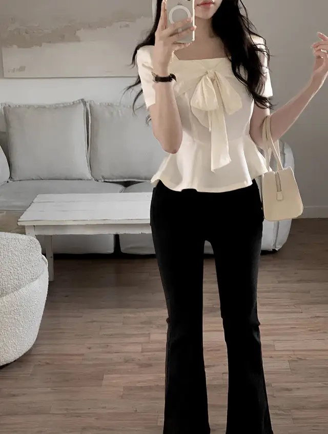 스퀘어 넥 리본 장식 셔츠 상세 이미지 1