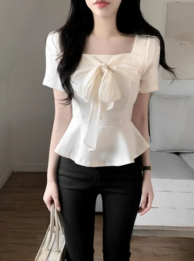 스퀘어 넥 리본 장식 셔츠 상세 이미지 3