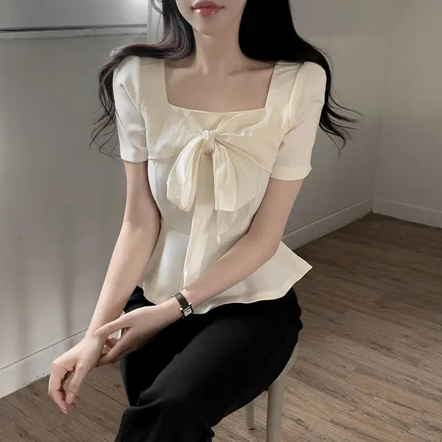 스퀘어 넥 리본 장식 셔츠 상세 이미지 4