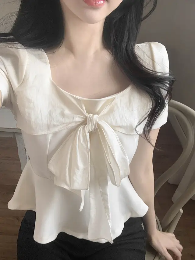 스퀘어 넥 리본 장식 셔츠 상세 이미지 6