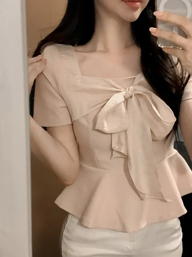 스퀘어 넥 리본 장식 셔츠 상세 이미지 7