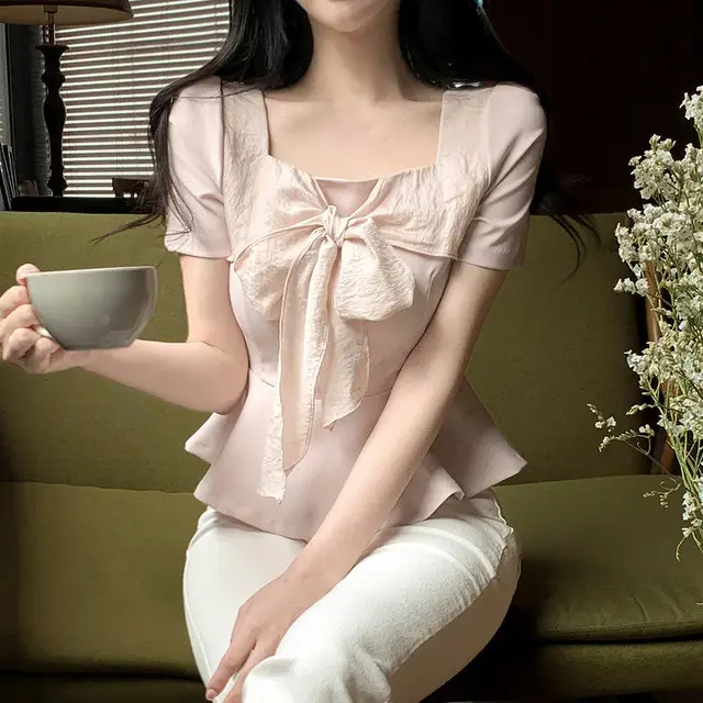 스퀘어 넥 리본 장식 셔츠 상세 이미지 8