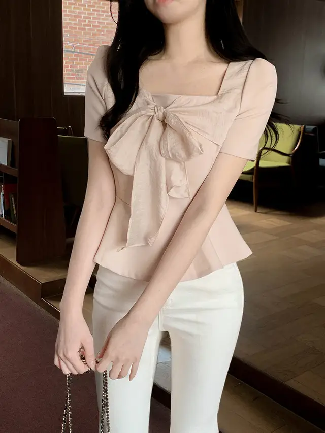 스퀘어 넥 리본 장식 셔츠 상세 이미지 10