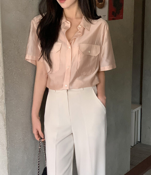한국 chic 워크웨어 주머니 반팔 여성 셔츠 여름 얇은 스타일 통기성 루즈핏 출퇴근 품격 맨위