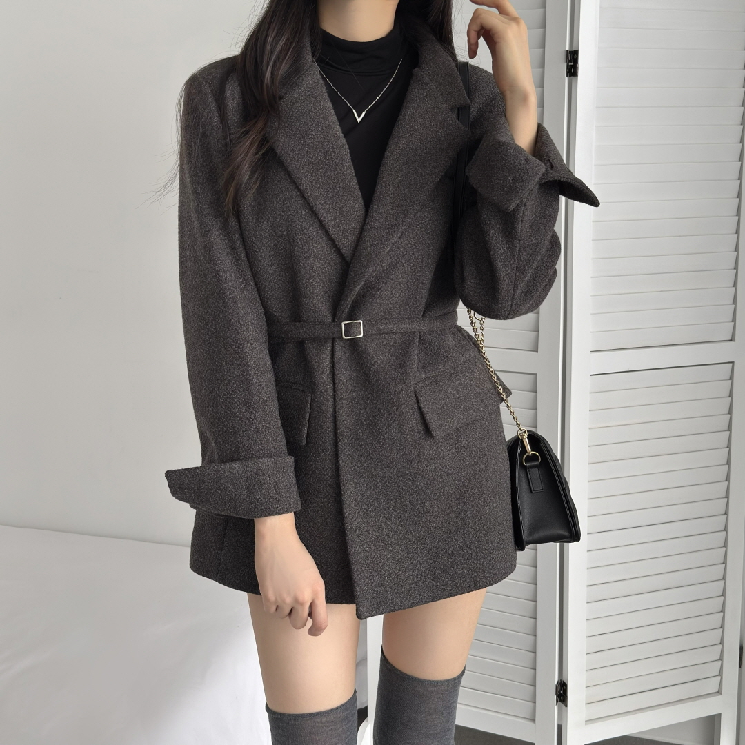 韩国chic法式气质翻领系带收腰呢子大衣外套 服裝批發女裝批發服飾貨源