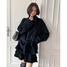 批发韩国chic <b class='q'>冬</b>季立领双排扣系带呢子外套