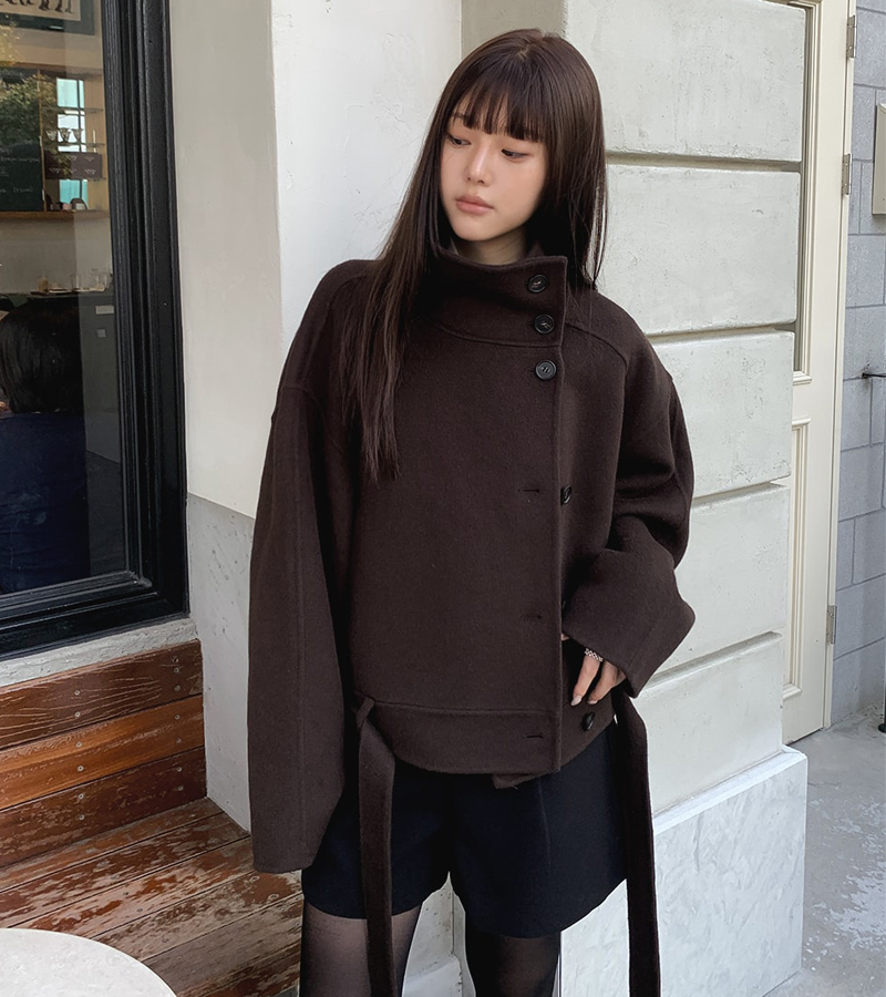 韩国chic秋冬立领单排扣收腰系带毛呢外套 服裝批發女裝批發服飾貨源