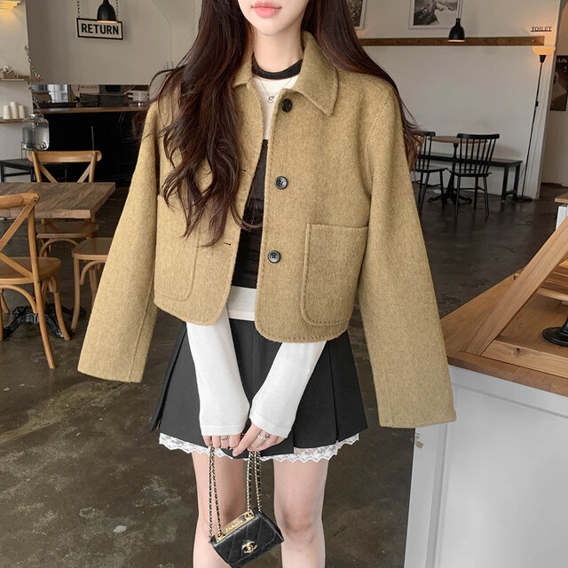 BY35572# 韩国chic秋冬复古翻领单排扣毛呢短款外套 服裝批發女裝批發服飾貨源