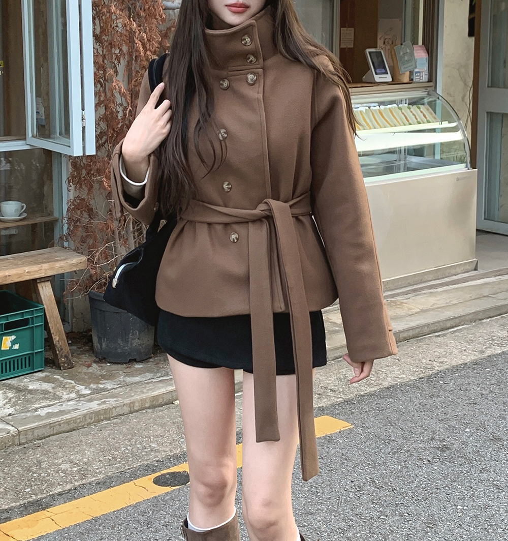 BY36843# 韩国chic法式立领系带短款加厚保暖夹棉内衬呢子外套  服裝批發女裝批發服飾貨源