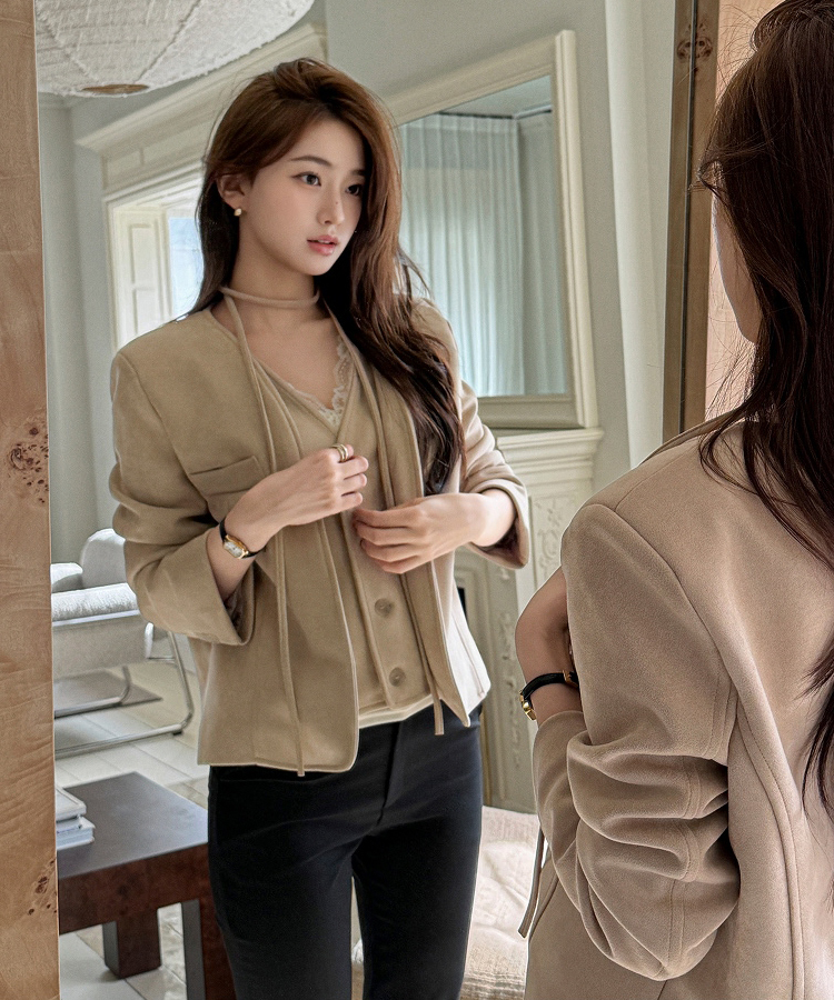 韩国chic法式假两件气质V领鹿皮绒短款外套 服裝批發女裝批發服飾貨源