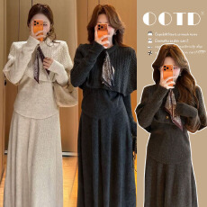 批发丝巾斗篷+<b class='q'>上衣</b>+半身裙三件套立体绞花时尚针织套装裙子穿搭