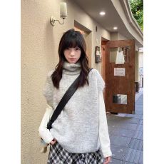 批发奶兔星球-自制 堆堆领针织毛线<b class='q'>马甲</b>女外穿软糯慵懒风高领叠穿上衣