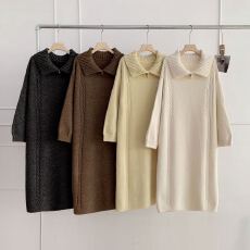 批发实拍 时尚女装大码宽松麻花翻领毛衣中长款<b class='q'>连衣裙</b>针织