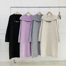 批发实拍 时尚慵懒风大码宽松针织毛衣<b class='q'>连衣裙</b>翻领设计感