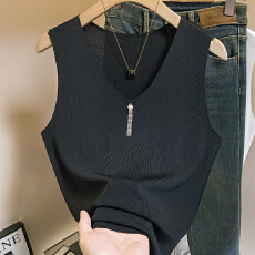 批发实拍曲珠<b class='q'>大码</b>白色V领无袖针织<b class='q'>背心</b>女外穿内搭打底衫简约时尚上衣