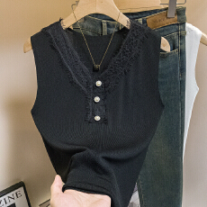 批发实拍曲珠针织<b class='q'>吊带</b><b class='q'>背心</b>女内搭可外穿<b class='q'>大码</b>胖mm短款蕾丝花边V领上衣