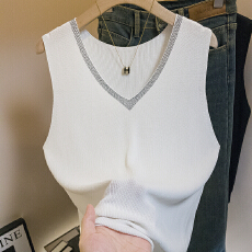 批发实拍<b class='q'>大码</b>女装<b class='q'>吊带</b><b class='q'>背心</b>女内搭夏薄气质打底衫领口烫钻V领无袖上衣