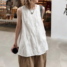 批发实拍~<b class='q'>大码</b>女装胖MM棉麻宽松a字版中长款无袖法式<b class='q'>背心</b>小衫上衣