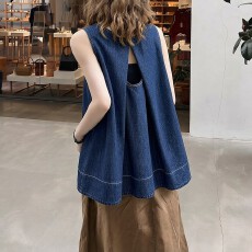 批发实拍 大码女装气质圆领无袖显瘦后背镂空<b class='q'>牛仔</b><b class='q'>背心</b>中长款A字摆上衣