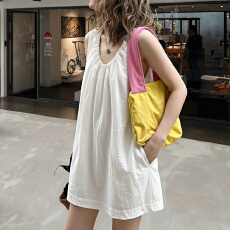 批发实拍胖MM<b class='q'>大码</b>法式轻甜U领亚麻无袖背心裙<b class='q'>女</b>小众气质简约a字<b class='q'>连衣裙</b>