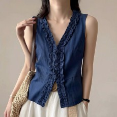 批发实拍~大码木耳边v领<b class='q'>棉麻</b>无袖上衣女夏季新款时尚百搭气质吊带<b class='q'>背心</b>
