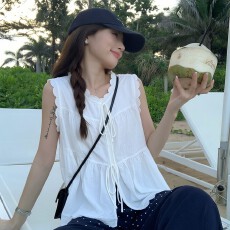 批发实拍~大码女装荷叶边无袖绑带上衣女夏百搭花边减龄显瘦<b class='q'>背心</b>衬衫