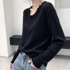 批发实拍~<b class='q'>大码</b><b class='q'>女装</b>胖MM秋装宽松显瘦针织衫圆领木耳边长袖<b class='q'>上衣</b>