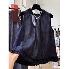 批发已出货 复古印花小心机露背无袖小衫女夏重工木耳边外穿马甲背心