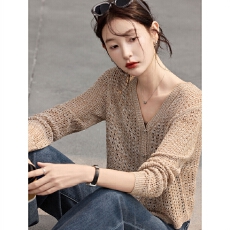 批发【慵懒风针织开衫】秋季减龄气质V领微弹<b class='q'>短</b>款洋气上衣