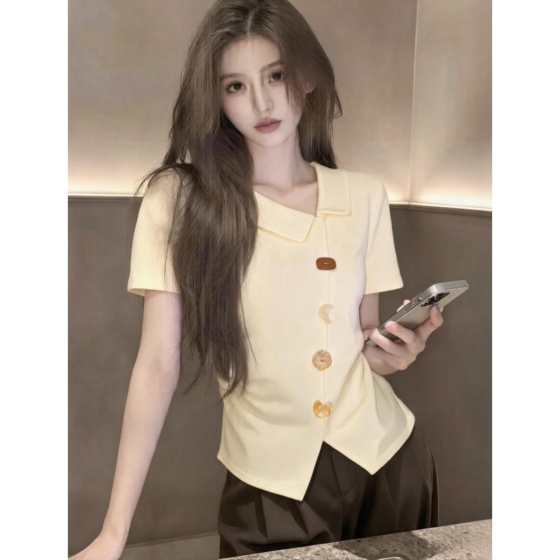BY29101# 不规则杏色短袖T恤女夏季26小众设计感收腰正肩体恤短上衣 服裝批發女裝批發服飾貨源