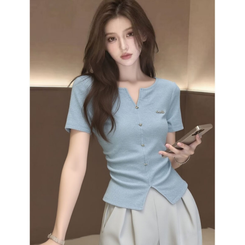 BY29102# 浅蓝色t恤女短袖正肩夏季开叉漂亮独特掐腰上衣小衫 服裝批發女裝批發服飾貨源