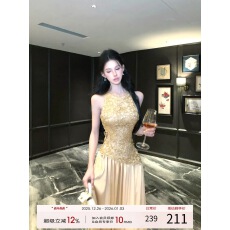 批发灰尘邓邓 蕾丝拼接挂脖连衣裙女2025冬季新款无袖气质<b class='q'>长裙</b>裙子